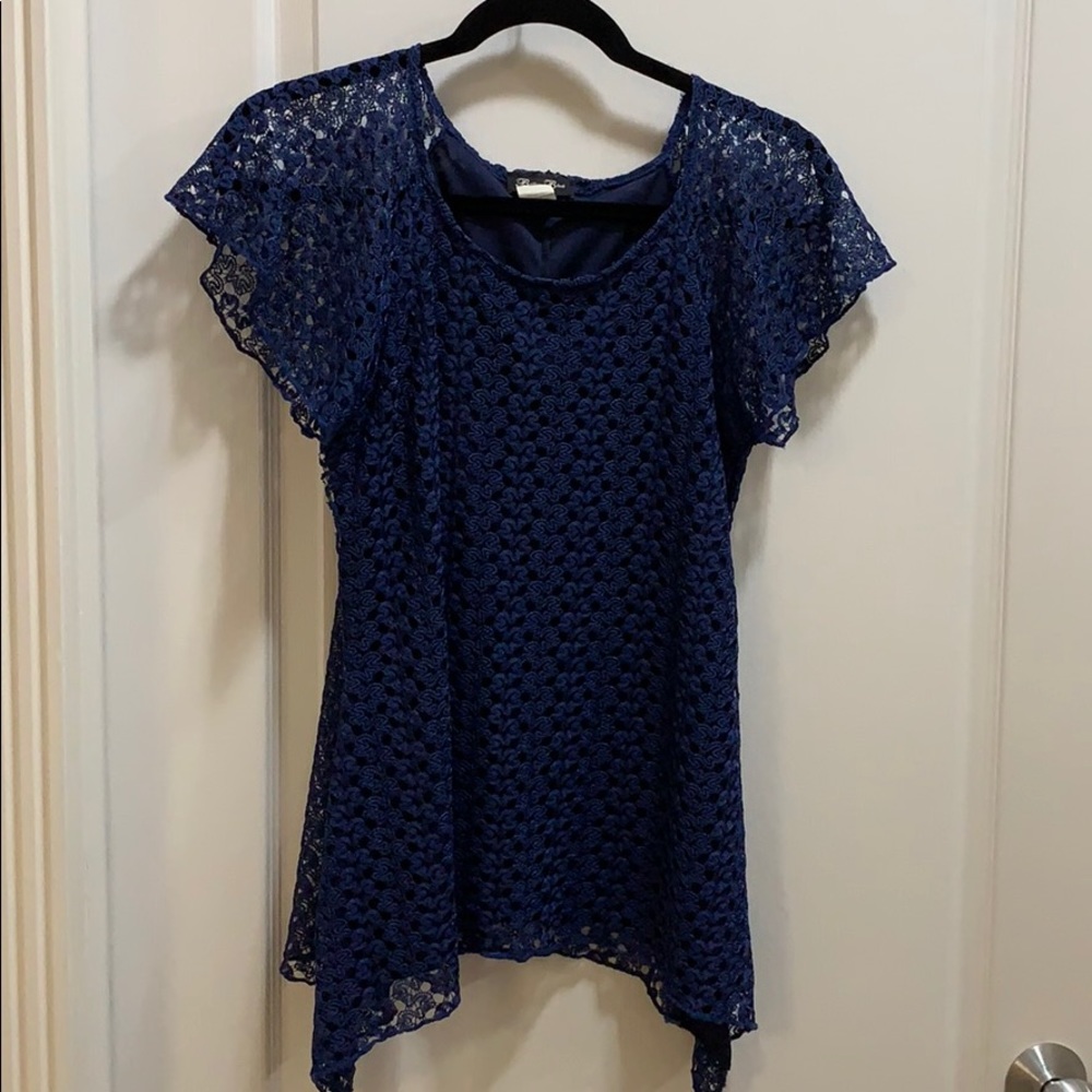BOGO Brittany Black Asymmetrical Blue Lace Top